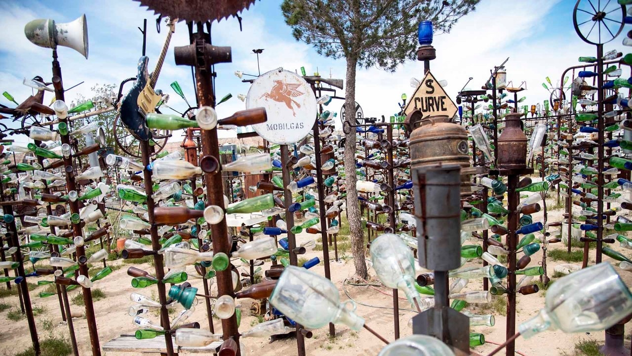 Elmer Long's Bottle Tree Ranch outside of Oro Grande, California, is a maze of colorful, discarded glass bottles.