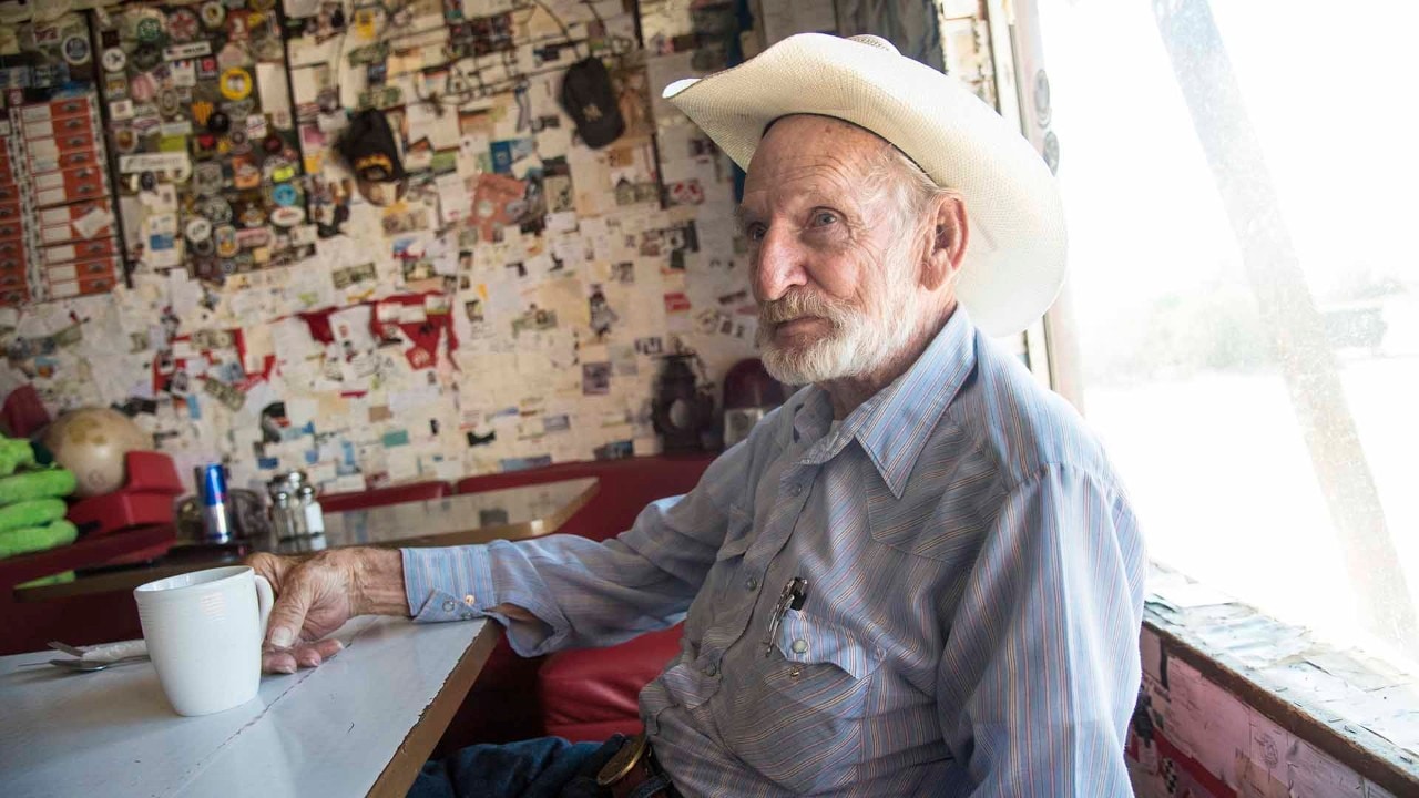 Duane Wilson enjoys a cup of coffee at the famous Bagdad Cafe in Newberry Springs, California.