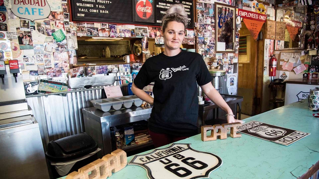 Waitress Stephanie Jenkins stands in the Bagdad Cafe in Newberry Springs, California