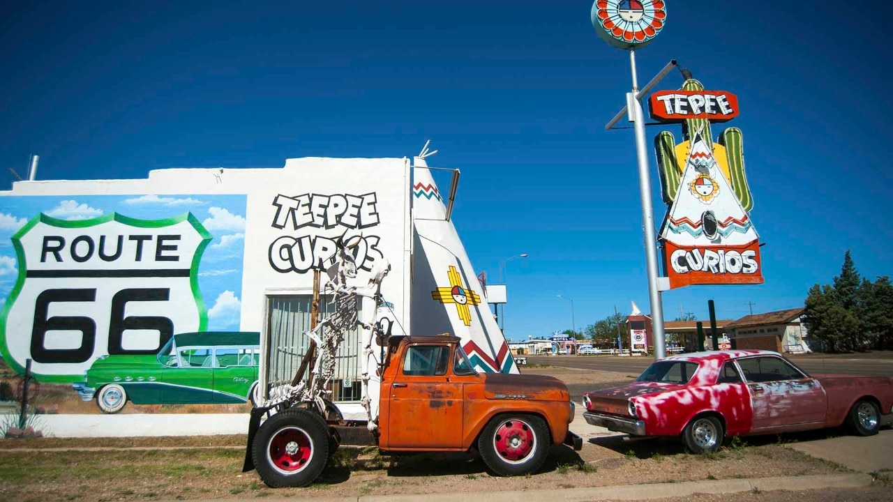 The Tee Pee Curios in Tucumcari, New Mexico, originally established as a gas station in the early 1940s, now sells souvenirs to Route 66 travelers