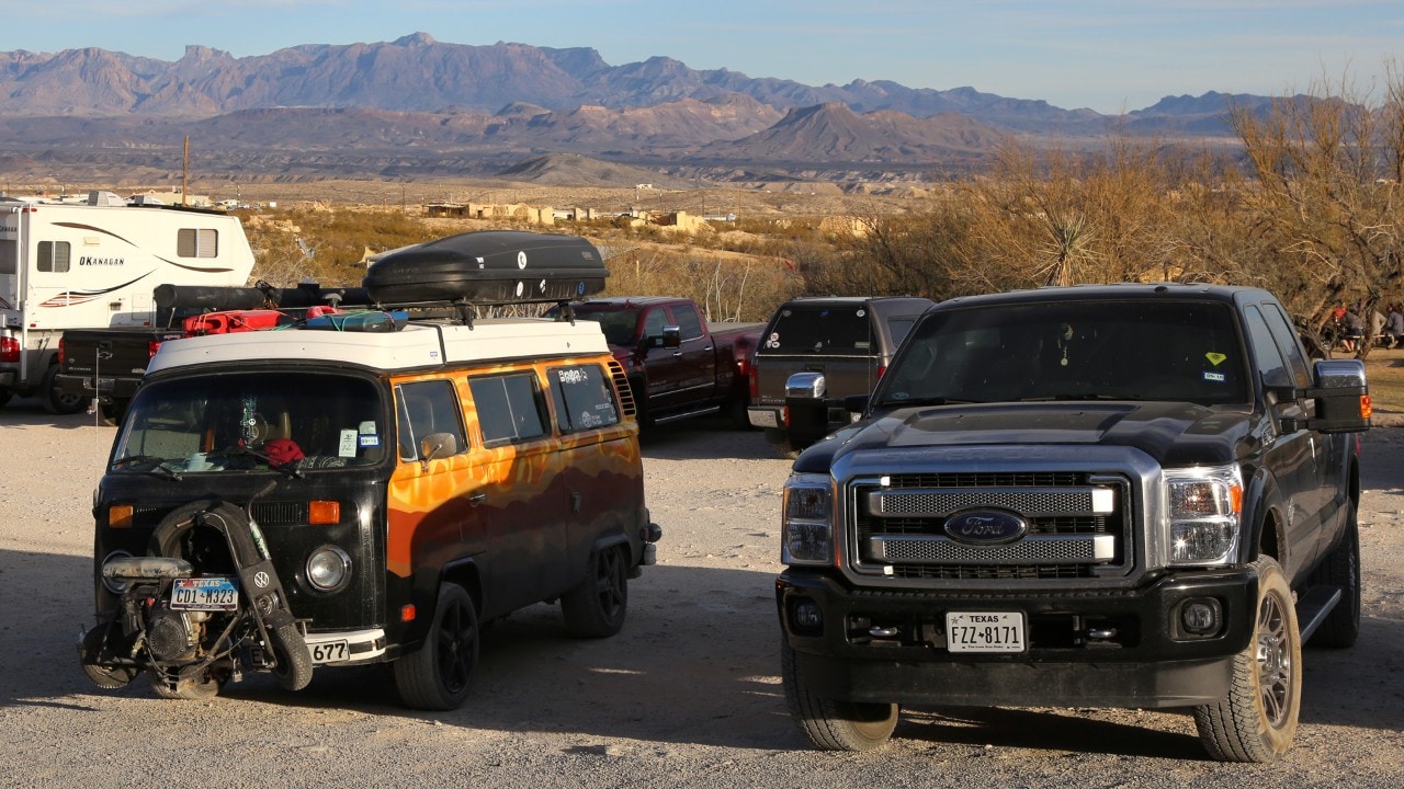 The parking lot at the Starlight Theatre has a variety of vehicles.