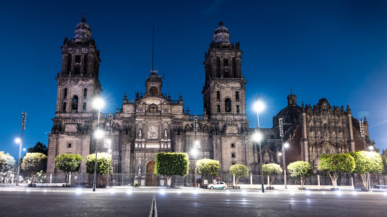 The Metropolitan Cathedral of the Assumption of the Most Blessed Virgin Mary into Heaven illuminates at night.