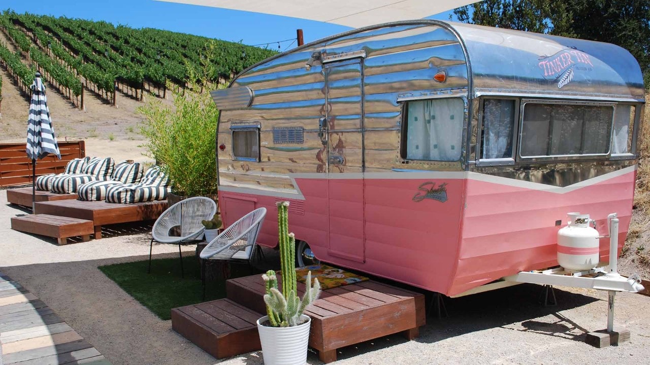 The pink 1959 Shasta at The Trailer Pond.