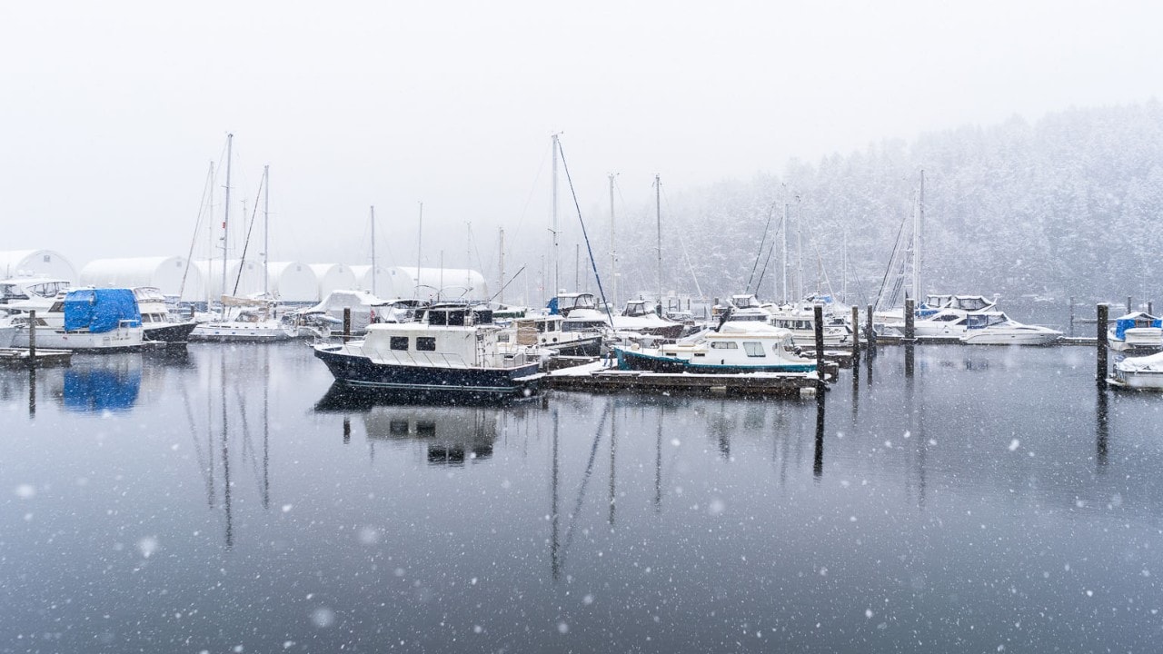 Snow falls at the Maple Bay Marina.